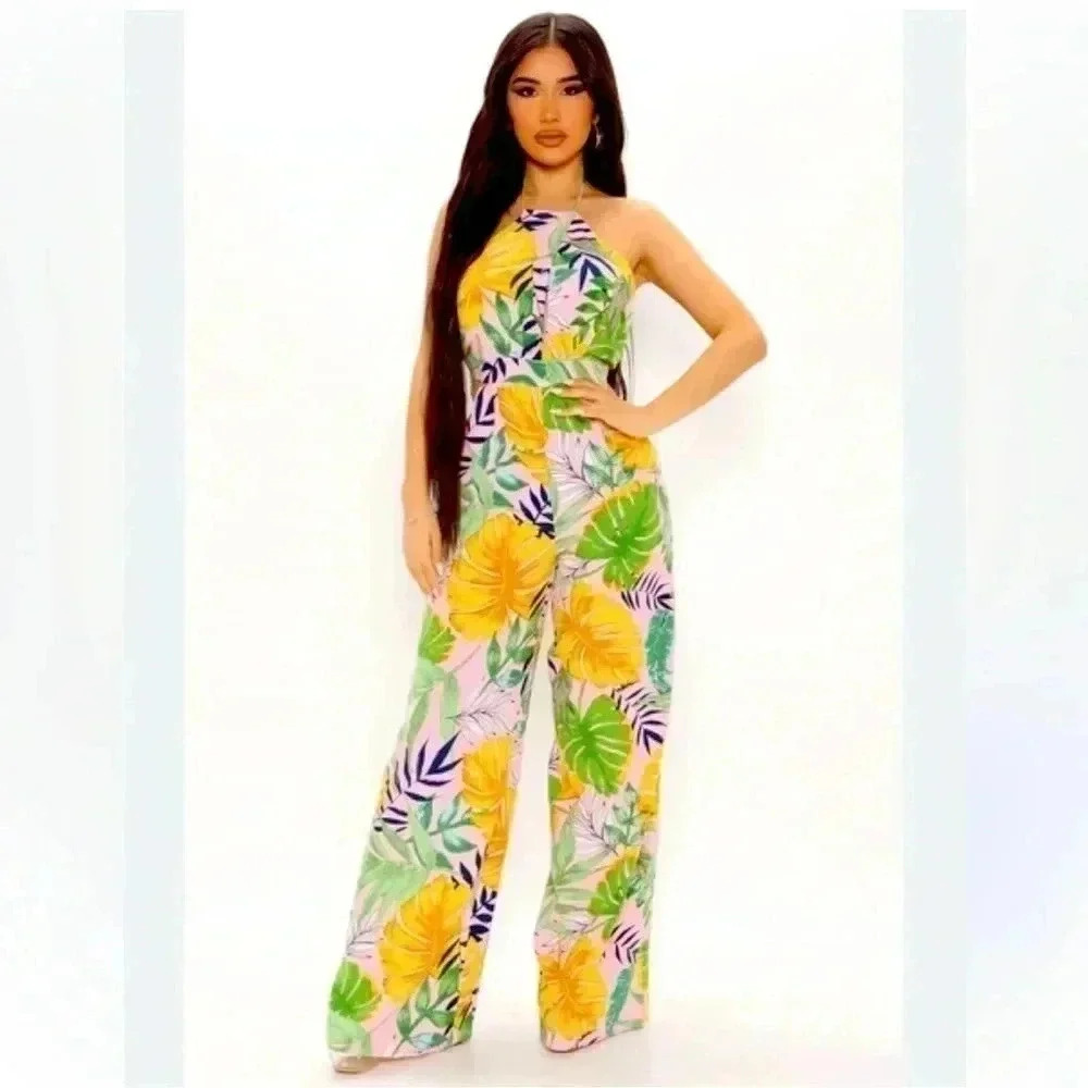 HYFYVE Wide Leg Tropical Print Floral Jumpsuit Size Medium Party Cruise Resort